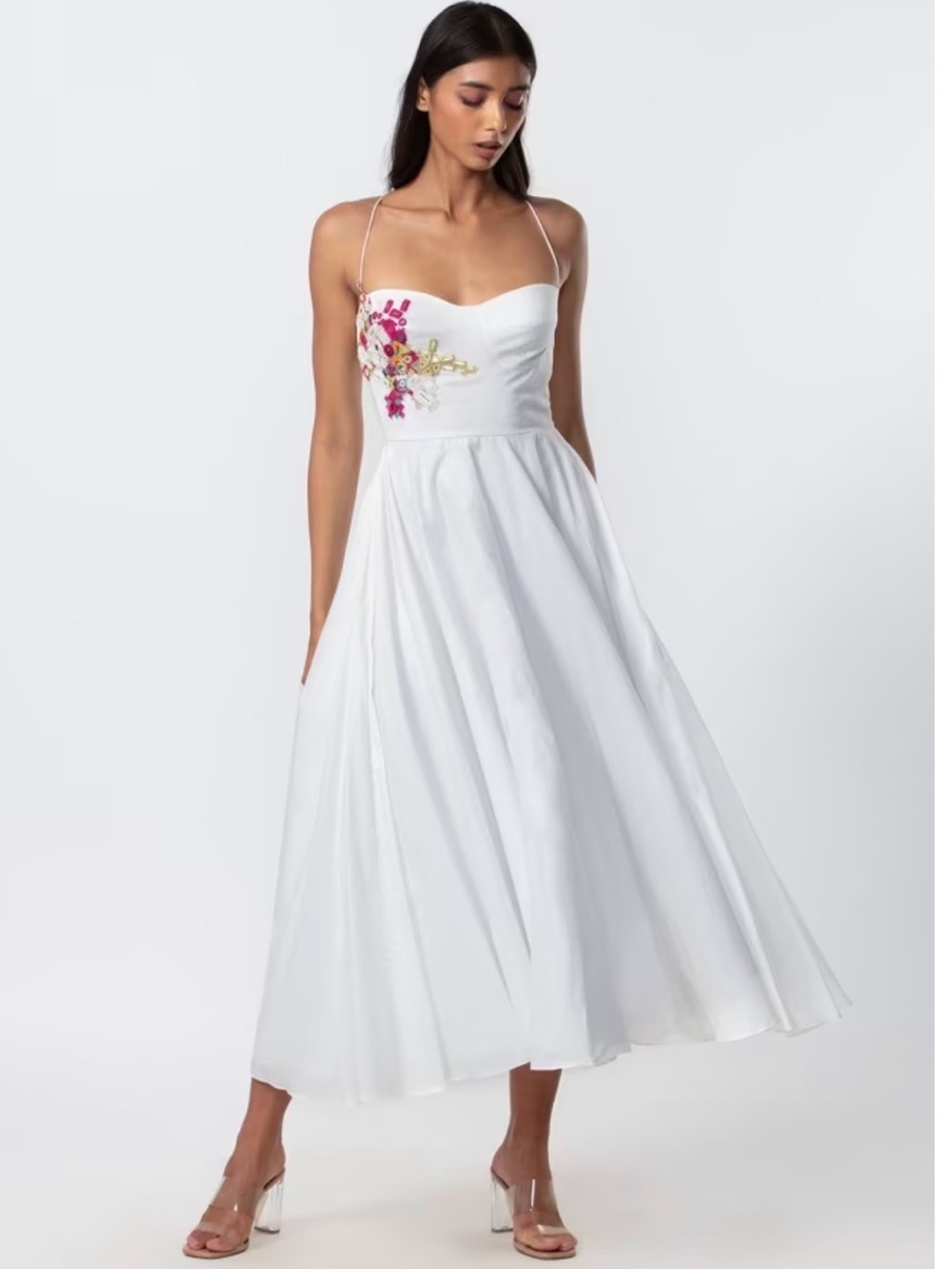 White Midi Dress with Pink & Gold Floral Embroidery